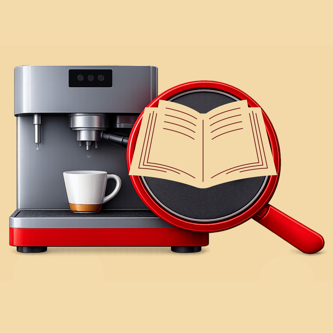 coffee machine with a magnifying glass revealing a recipe book on a beige background

Details