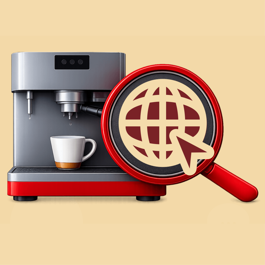 Coffee machine with a magnifying glass highlighting a globe symbol on a beige background